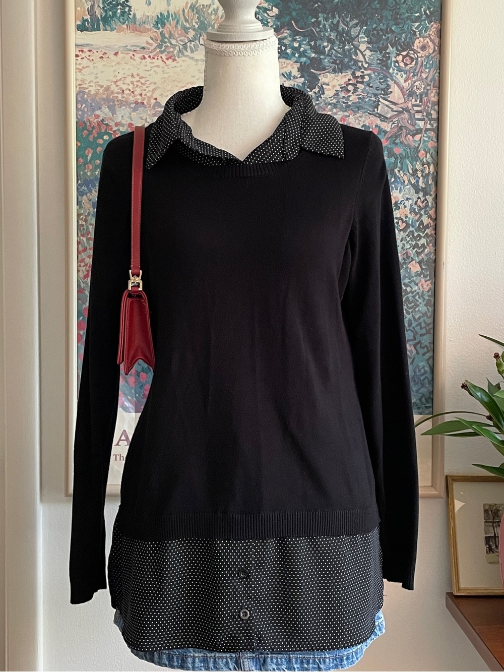 Adrianna Papell Sweater Medium Black Collared Layered Polka Dot Office Preppy